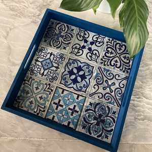 Handmade Luxury Mother of Pearl Inlay Round Serving Tray Turquoise Floral Capiz Shell <b>Mosaic</b> Decorative Ottoman Tray for Home - Product Image 6