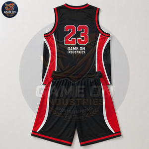 Black And Red Contrast Color OEM Lightweight Sports Outfit Breathable Athletic Training Wear Men's Basketball Game Uniform - Product Image 5