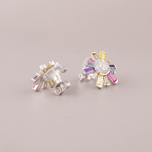 Flower Shape <b>Stud</b> <b>Earrings</b> With Colorful Zircon Stones Silver Plated Alloy Women's Party Jewelry Cute Design - Product Image 2