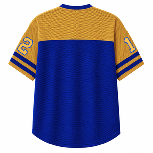 Camiseta personalizada de la hermandad Sigma Gamma Rho con cuello en V, bloques de color, manga corta, azul y dorado, estilo casual para mujer, de malla de poliéster. - Product Image 3