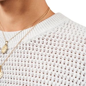 T-shirt en tricot crocheté à rayures contrastées, blanc, manches courtes, tricot texturé, décontracté d'été, respirant, col rond - Product Image 3