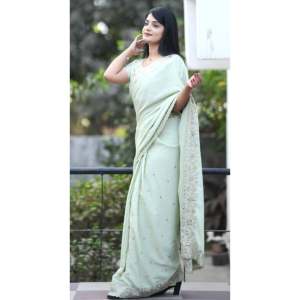 Chal de Diseñador con Bordado de Hilo y Trabajo con Espejos Reales para Saree - Product Image 2