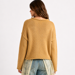 Pull en tricot à col rond jaune moutarde pour femme, manches longues, coupe régulière, 100% coton, tricoté à la main, vêtement décontracté pour l'automne - Product Image 5