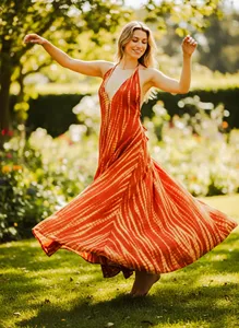 Vestido Largo Informal para Mujer, Color Rojo y Amarillo, Tejido de Rayón, Cuello en V, Sin Mangas, Estilo Holgado, para Vacaciones de Verano y Playa - Product Image 3