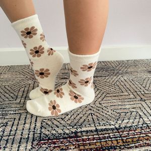 Wholesale Cream Floral Crew <b>Socks</b> 100% Mongolian Sheep Wool Knitted <b>Winter</b> Warm <b>Thick</b> Flower Pattern <b>Socks</b> for Women - Product Image 1