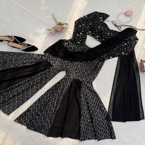 Conjunto VASTRA COTTAGE Georgette Choli Sharara con Dupatta con Lentejuelas y Bordados, Traje Festivo para Fiestas, Sharara con Cintura Elástica - Product Image 6