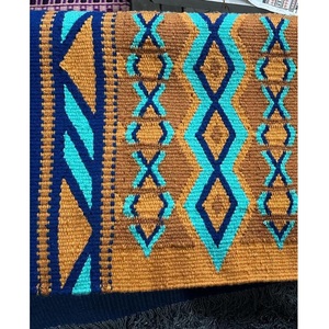 Manta de montar occidental con diseño geométrico Navajo en tonos bronce, turquesa y azul marino, tejida a mano y contorneada, para equitación. - Product Image 2