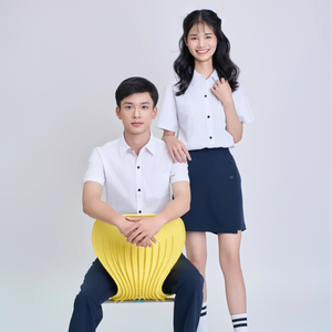 Chemise d'uniforme scolaire unisexe FMF pour l'école primaire - Blanc et bleu marine, manches courtes, 80% polyester, 15% rayonne, 5% élasthanne - Product Image 1
