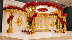 Mandap Triveni tallado en oro de gran tamaño para bodas hindúes. Compre un mandap exclusivo de estilo gujarati para grandes eventos. El último mandap para bodas. - Product Image 3