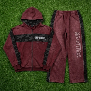 Men Burgundy <b>Black</b> Camouflage <b>Zip</b> <b>Up</b> <b>Hoodie</b> Tracksuit Set Loose Fit Streetwear Panel Design Custom OEM ODM Wholesale - Product Image 5