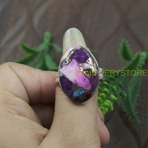 Pink Blue Copper Turquoise 925 Sterling Silver Handmade <b>Statement</b> <b>Ring</b> Marquise Shape Mosaic Inlay Unique Designer JewelryWomen - Product Image 4