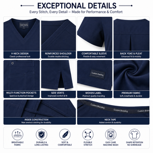Haut de blouse médicale en tricot bleu marine pour femme, col en V, manches courtes, uniforme médical, tenue de travail hospitalière, personnalisable, service OEM marque privée - Product Image 5