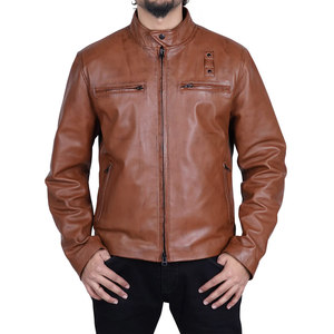 <b>Men's</b> Brown Solid Color Genuine <b>Leather</b> <b>Jacket</b> Stand Collar Zipper Closure Moto Biker Style Available For Online Sale - Product Image 1