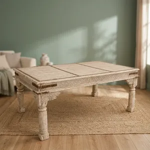 Mesa de Centro de Madera Tallada a Mano Estilo Rústico, Muebles de Salón Estilo Granja Antigua con Detalles Metálicos - Product Image 4