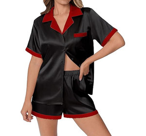 Ensemble de pyjama en satin pour femmes, manches courtes, imprimé panda, col rabattu, fermeture à boutons, vêtements de nuit d'été, vêtements décontractés - Product Image 3