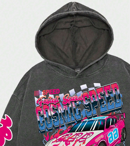 Sweat à capuche Cosmic Speed Racing gris rose imprimé voiture coupe classique streetwear homme automne molleton 100% coton séchage rapide sublimation - Product Image 3
