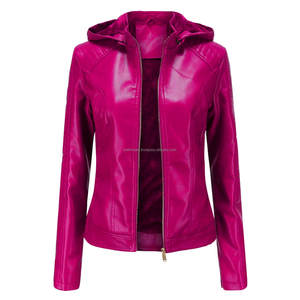Chaquetas de mujer versátiles de cuero de Moto con capucha elegante fucsia con forro de Sherpa cierre de cremallera comodidad duradera - Product Image 1