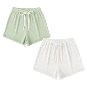 Hot Sales Women High Breathable Ribbed Knit <b>Lace</b> Trim Drawstring Shorts Stylish Lounge Shorts <b>Elastic</b> Custom Design Clothing - Product Image 1