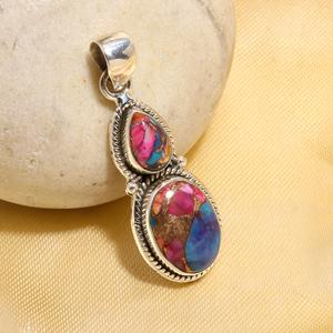 Colgantes de Plata 925 con Gemas de Turquesa Rosa Ostra en Engaste Ovalado y Forma de Pera, Colgantes de Gemas de Calidad Rara - Product Image 2