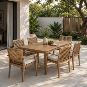 Modern Outdoor Teak Wood Dining Set 6 Seater Patio Garden <b>Table</b> and Armchair Furniture with Cushions - Product Image 1