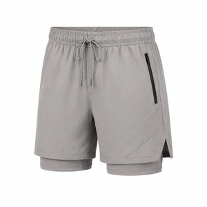 Shorts de sport pour hommes gris uni à séchage rapide avec cordon de serrage à la taille, mi-longs, en polyester tissé, avec fermetures éclair, style sportif - Product Image 4