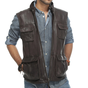 <b>Men's</b> Dark Brown Leather <b>Vest</b> Turn-down Collar Zipper Closure Solid Color Breathable Workwear Style Winter Outer Wear Regular - Product Image 3