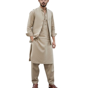 Ensemble Kurta Pyjama Gilet en Coton Beige Traditionnel pour Homme Coupe Droite Longueur Cheville Style Indien Pakistanais Toutes Saisons - Product Image 1