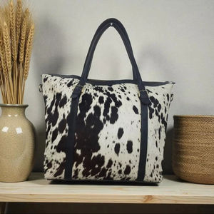 Sac fourre-tout pour femme en cuir de vachette véritable fait main, couleur unie, fermeture éclair, broderie, LHTB-0101 - Product Image 1