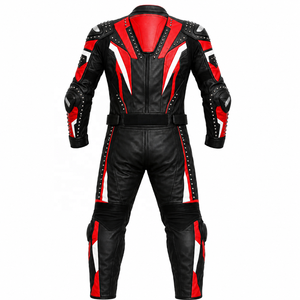 Men Full Leather Motorcycle Racing <b>Suit</b> With Knee Protection Black <b>White</b> Color Windproof One Piece Design - Product Image 3