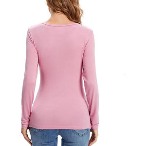 T-shirt décontracté à manches longues pour femme, col rond, couleur unie, tricoté, coupe ajustée, rose - Product Image 2
