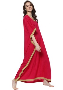 Rosy rouge Beige col en V caftan décontracté confortable vêtements de nuit longueur au sol coton tissu fabriqué pur coton naturel taille tissé - Product Image 4