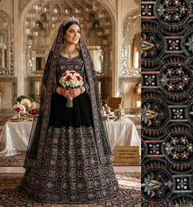 Base en velours noir tricoté à motif géométrique et sequins pour veste ethnique, lehenga de mariée, abaya pour femme - Product Image 4
