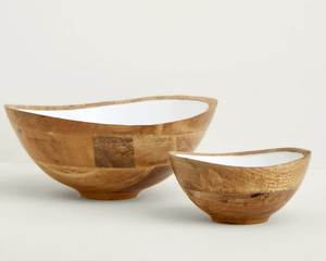 Bol à salade en bois de manguier, émail floral bleu, écologique, fait main, durable, style américain, bol de service - Product Image 4