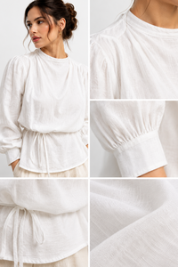 Ensemble deux pièces bohème vintage pour femme, blanc, épaules dénudées, sans manches, tissé, écoresponsable, avec pantalon large en lin beige - Product Image 3