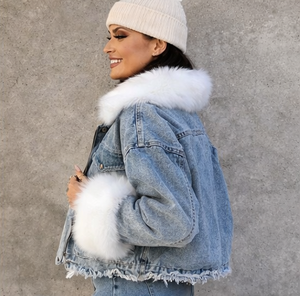 new fashion Women Hybrid <b>Denim</b> <b>Jacket</b> With Fleece Rib Sleeves Oversized Streetwear Premium Quality Custom Design - Product Image 3