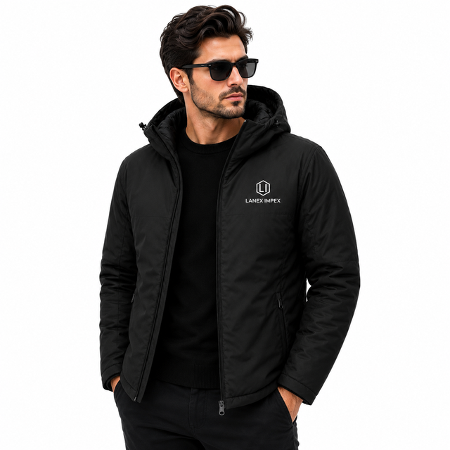 Custom Men's Solid Black Hooded Puffer Jacket Waterproof Windproof Winter Insulated Outdoor Thermal Coat Full Zip Parka OEM ODM