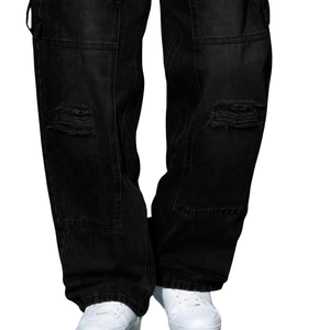 Jeans de Carpintero Negros para Hombre, Corte Holgado, Pierna Recta, Denim Desgastado, 100% Algodón, Secado Rápido, Transpirables, Cintura Media, Peso Medio, Casuales - Product Image 5