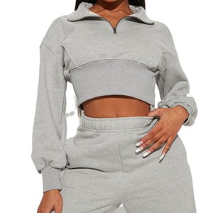 Women's Gray Half Zip <b>Crop</b> <b>Top</b> Tracksuit Set Regular Sleeve Knitted Sweatpants Casual Autumn Wear Women's Hoodies - Product Image 3