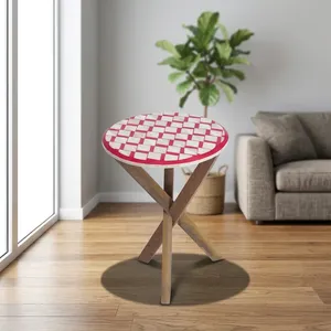 Mesa Auxiliar de Madera Roja Hecha a Mano con Tapa de Tablero de Ajedrez con Incrustaciones de Hueso y Patas Cruzadas, Mueble Decorativo - Product Image 6