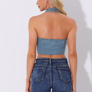 Tops cortos de mezclilla para mujer, los más vendidos, con botones, ajustados, cuello cuadrado, sin espalda, camisetas sin mangas de mezclilla para fiesta - Product Image 2