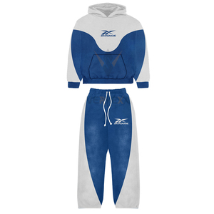 Nuevo Conjunto Oversize de Chándal Streetwear con Pantalones Baggy con Cordón y Efecto Desgastado por el Sol, de Felpa de Algodón Bicolor Azul y Blanco, Estilo Acampanado - Product Image 1