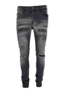Jean slim noir déchiré pour homme, taille mi-haute, style décontracté, 100 % coton tissé, fermeture boutonnée - Product Image 3