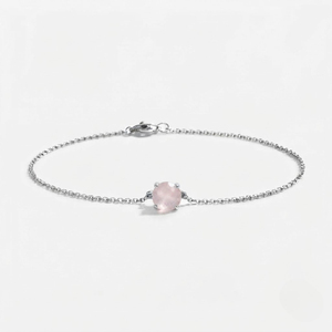Pulsera de eslabones de plata de ley Rhodia Rhaya Jewels con cuarzo rosa de corte brillante y engaste de púas, chapada en rodio, estilo clásico solitario - Product Image 2