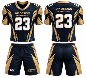 Custom American Football Uniform Set, Navy <b>Gold</b> Jersey and Shorts, Sublimated Team Sportswear, Custom Logo and <b>Number</b> - Product Image 4