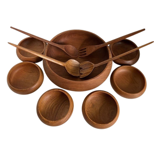 Eco-Friendly 3 Piece Acacia Wood Large Wooden <b>Salad</b> <b>Bowl</b> <b>And</b> <b>Servers</b> Set Serving <b>Bowl</b> With Matching Spoon <b>And</b> Fork For Kitchen - Product Image 3