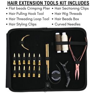 Kit complet d'outils pour extensions capillaires : Pince à sertir plate, Outil à boucle et crochet, Aiguille courbée pour perruque, Pinces de sectionnement pour coiffure, Boîte de perles - Product Image 2