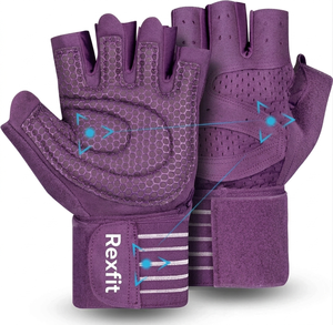 Rexfit Half Finger Gym Fitness Gloves Purple High Quality Leather Breathable Non Slip Adjustable Wrist <b>Strap</b> Weight Lifting - Product Image 1