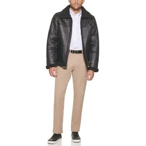 Veste en cuir véritable doublée de fourrure sherpa, coupe-vent, fermeture éclair, col rabattable, manteau d'hiver - Product Image 1