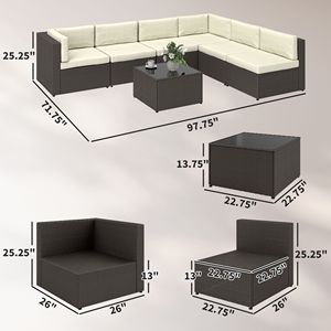 Set di mobili da giardino in rattan PE per tutte le stagioni, 7 pezzi, con tavolino da caffè con piano in vetro - Product Image 2
