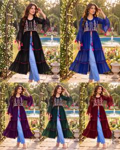 Indian Ethnic Style <b>Burgundy</b> Embroidered Work Muslim Cardigan <b>Top</b> Tassel Sleeve for <b>Women</b> Modest Daily Wear Kurtis Collections - Product Image 6
